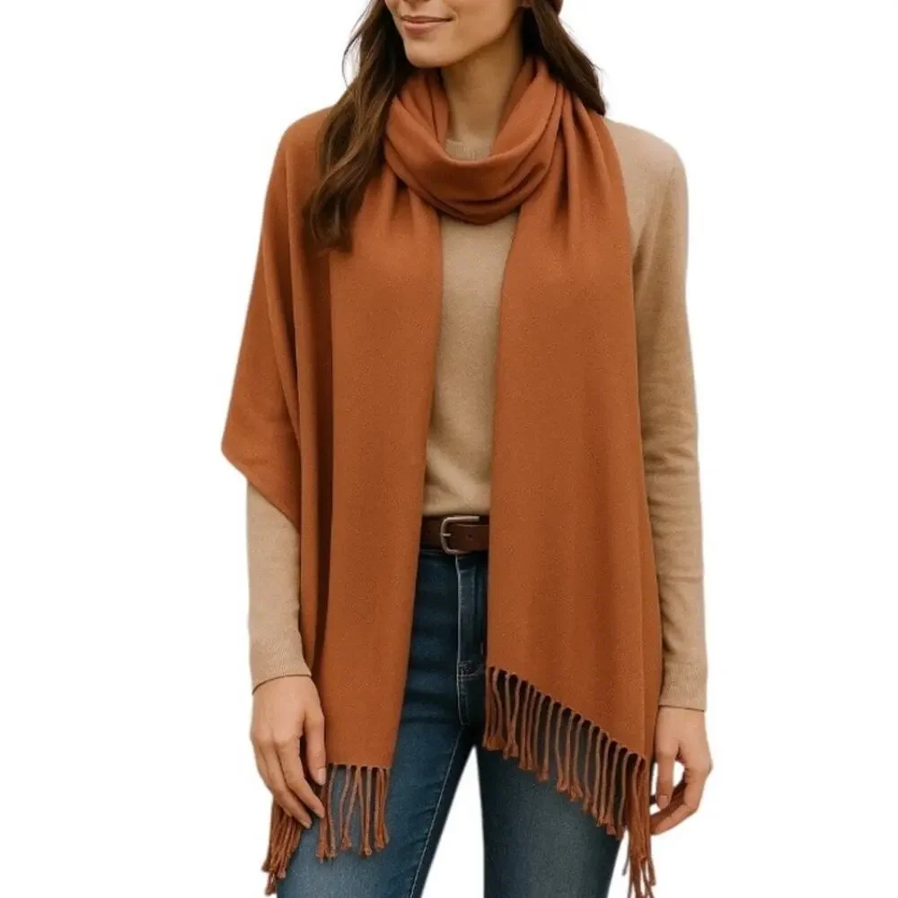 Women’s Bundle 3 Oblong Scarfs Solid Neutral Color Fringe Tan Orange Brown Tan